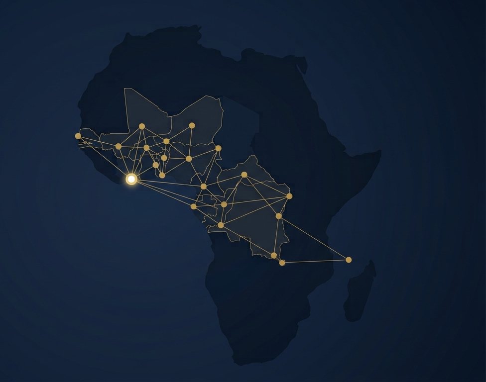 Silhouette du continent africain sur fond bleu nuit. Un réseau de points dorés reliés par de fines lignes couvre l'Afrique de l'Ouest et l'Afrique centrale, avec un point plus lumineux sur la côte ivoirienne et un point isolé dans l'océan Indien, relié au reste du réseau.